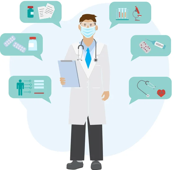 Tıbbi konsept. Koruyucu maskeli ve gözlüklü doktor. Etrafta mesajlar