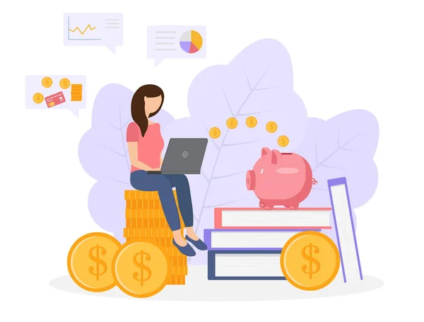 Finance Savings Concept Une Jeune Femme Travaille Sur Ordinateur Portable — Image vectorielle