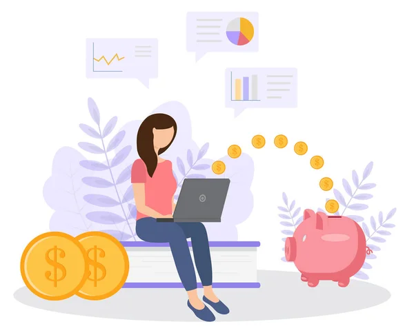 Finance Savings Concept Une Jeune Femme Travaille Sur Ordinateur Portable — Image vectorielle