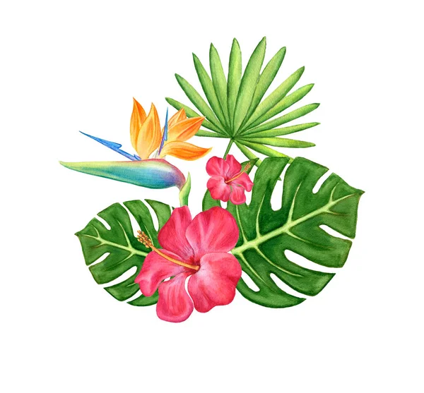 Ein Schöner Strauß Tropischer Blumen Von Hibiskus Und Strelitzien Und — Stockfoto