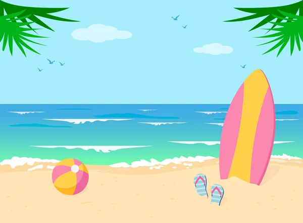 Paisaje Verano Vista Mar Arena Hay Una Tabla Surf Una — Vector de stock