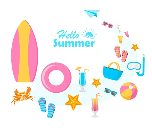 Hello Summer Lettering Concept Summer Elements Surfboard Inflatable Ring Cocktail — Stock Vector