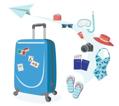 Seyahat konsepti. Seyahat çantasının örnekleri, giysiler ve seyahat malzemeleri. Seyahat paketi