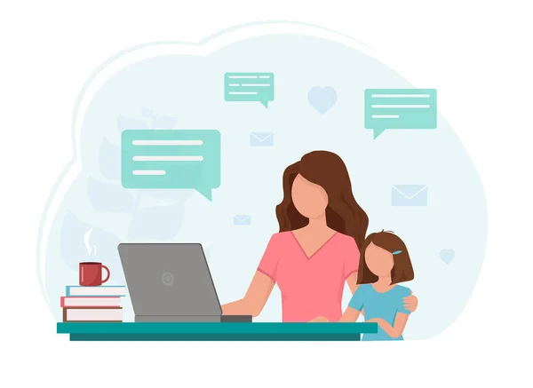 Merkez ofis konsepti. Uzaktan kumanda. Anne ve kızı bilgisayarın önünde uzaktan sohbet ediyorlar.. 