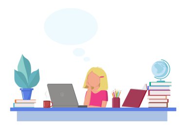 Bir kız masaya oturur, ödevlerini ve hayallerini yapar. Masanın üzerinde kitaplar, dizüstü bilgisayarlar, küre ve kalemler var. Metinler için yeri olan rüya kız konsepti.