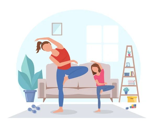 Mom Daughter Physical Exercises Together Cozy Modern Interior Vector Illustration — Stock Vector