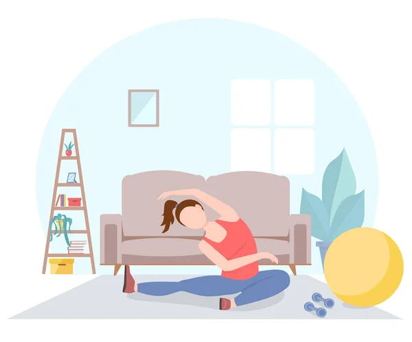 Woman Doing Physical Exercises Home Cozy Interior Vector Illustration Flat — Stock Vector