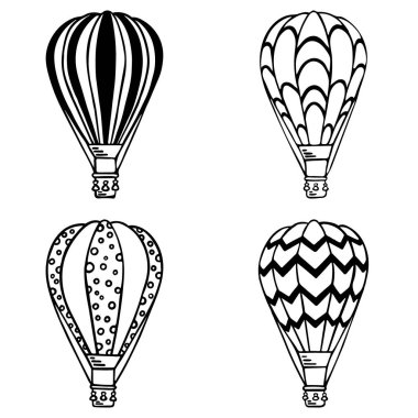 Sıcak hava balonları ayarlandı. Vektör illüstrasyon. Tatil, seyahat, tebrik kartları, düğün, davetiyeler, yaz, tatil ve selamlar, scrapbooking ve ambalaj kağıdı için dekorasyon için Aerostat 