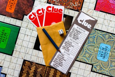 Clue 1972 (Second Edition) - The board with a checklist, tokens, dice, pencil, cards, and checklist all ready to play the game clipart