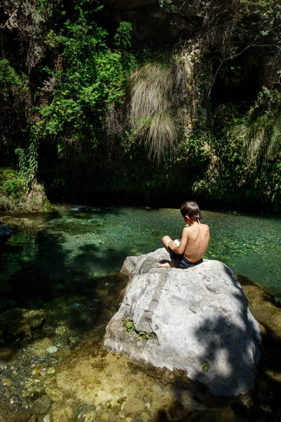 Portrait Boy Sitting Rock Stream Crete Greece — Stock Photo, Image