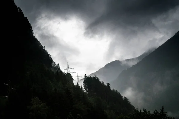 View Electricity Pylons Top Mountains Cloudy Sky Germany — Stock Photo, Image