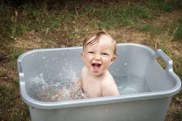 Portrait Boy Playing Bathtub France — Stock Photo, Image