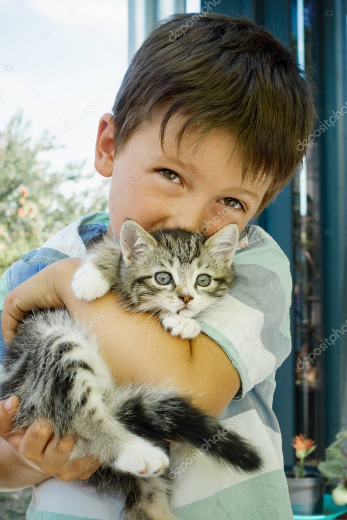 Portrait of boy holding cat, France