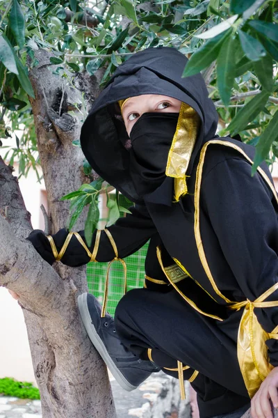 Boy Ninja Costume Climbing Tree Crete Greece Europe — Stock Photo, Image