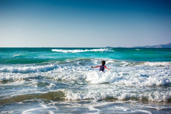 Rear View Boy Amidst Sea Waves Crete Greece Europe — Stock Photo, Image