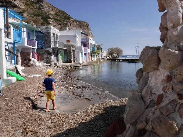 Rear View Boy Walking Milos Island Greece — Stock Photo, Image