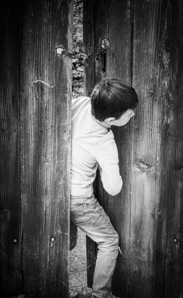 Liten pojke tittar genom trä dörr — Stockfoto