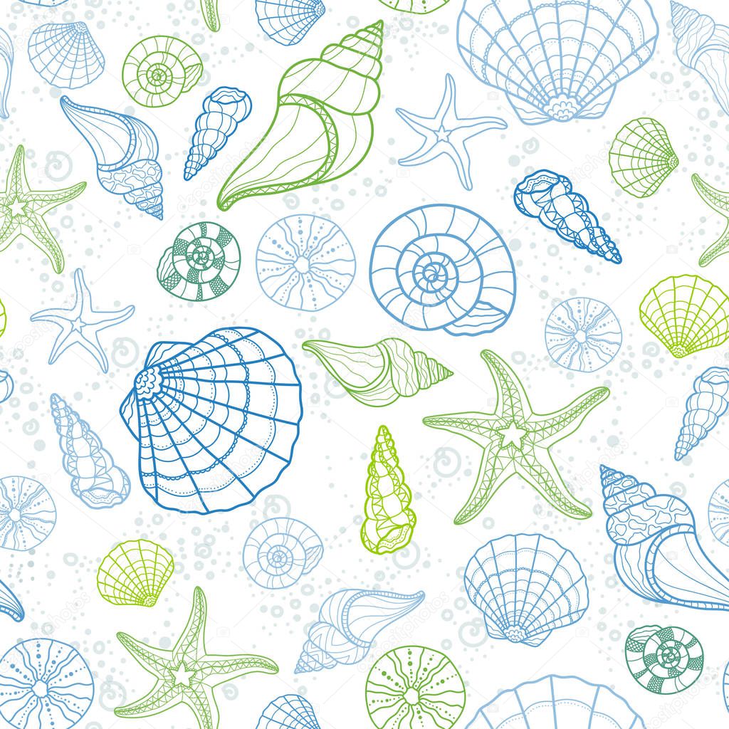 Fresh colorful seamless pattern with various shells, clams, starfish und snails, fun under water background, great for ocean themes, beach fabrics, summer textiles or background, wallpapers - vector