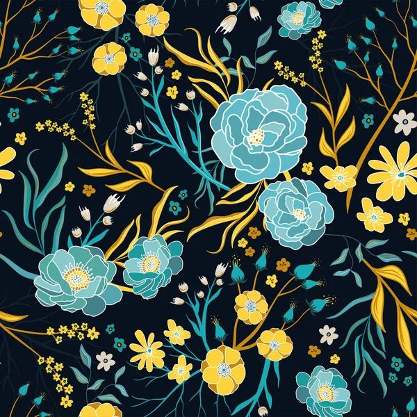 Linda mão desenhada verão floral sem costura padrão, bonito e elegante pano de fundo amarelo turquesa, ótimo para tecidos femininos, estampas sazonais, fundos, papéis de parede e banners, design vetorial — Vetor de Stock