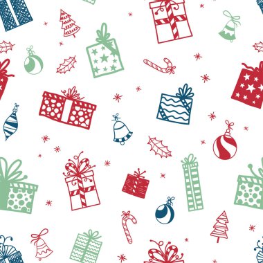 Hediye kutularıyla kusursuz çizilmiş eğlenceli bir el çizimi. Noel tekstili, duvar kağıdı, afiş, ambalaj - vektör yüzey tasarımı için harika