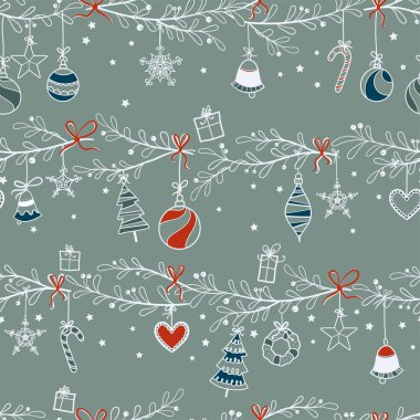 Eğlenceli bir el çizimi Noel süsleri, kusursuz desenler, kurdeleli Noel ağacı süslemeleri - vektör yüzey tasarımı