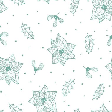 Poinsettia bitkisi, ökseotu ve kutsal yapraklarla güzel bir Noel deseni. El yapımı elementler, yaratıcı ve zarif, noel baskıları, tekstil, ambalaj, pankart, duvar kağıdı - vektör -