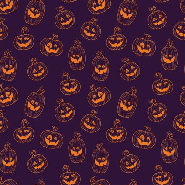 Şirin ve eğlenceli cadılar bayramı balkabakları, dikişsiz desen, gülen balkabağı yüzleri - cadılar bayramı gazeteleri, afişler, baskılar ya da parti davetiyeleri için harika.