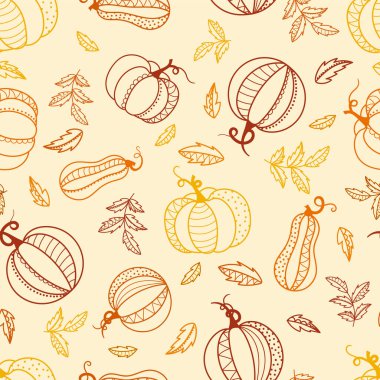 Pumpkins ile güzel kusursuz desen - moda baskıları, tekstil, afişler, duvar kağıtları, davetiyeler veya ambalaj kağıtları, vektör yüzey tasarımı için teşekkürler.