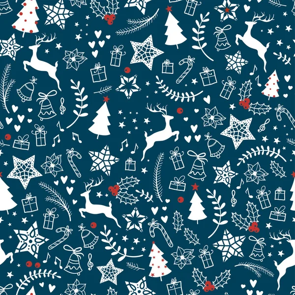 Hermosa Navidad garabatos patrón sin costuras - dibujado a mano y detallado, ideal para textiles de Navidad, banderas, envolturas, fondos de pantalla - diseño de la superficie del vector — Vector de stock