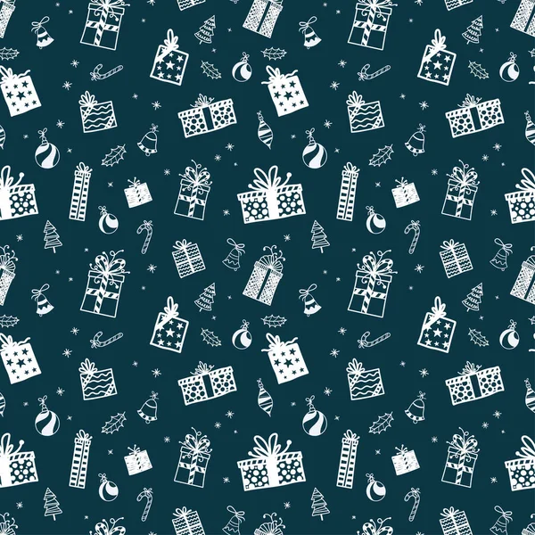 Amusant motif sans couture dessiné à la main avec des boîtes-cadeaux. Idéal pour les textiles de Noël, papier peint, bannière, emballages design de surface vectorielle — Image vectorielle