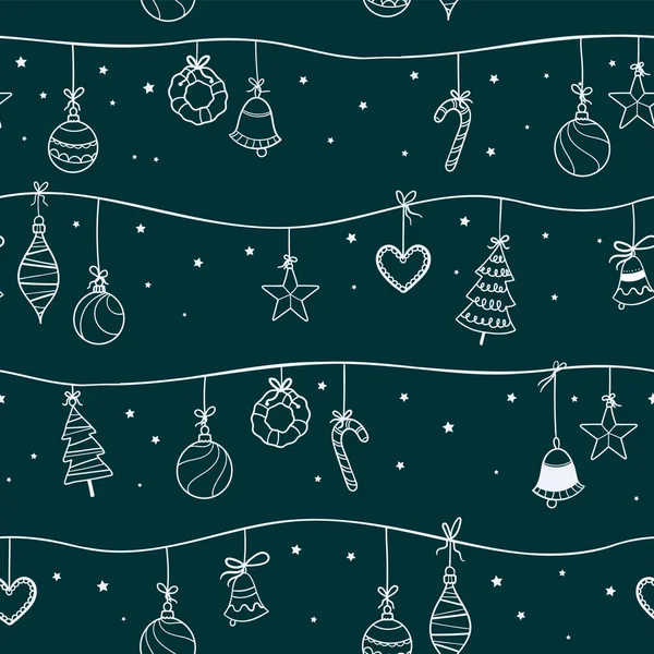Mão divertida desenhada Natal bugigangas sem costura padrão, enfeites de árvore de natal pendurados em ramos com fitas - design de superfície vetorial — Vetor de Stock