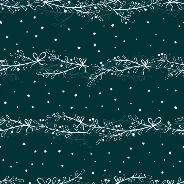 Fun hand drawn christmas branches seamless pattern with stars and ribbons - vector surface design — Stock Vector