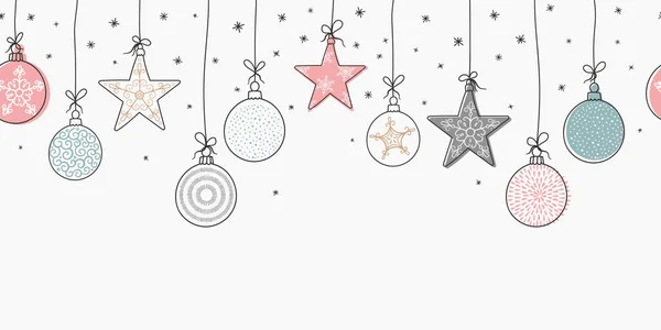 Elegantes, nahtloses Muster mit hängenden Weihnachtskugeln und Sternen. handgezeichnete und kreative Kugeln - Vektorillustration. — Stockvektor