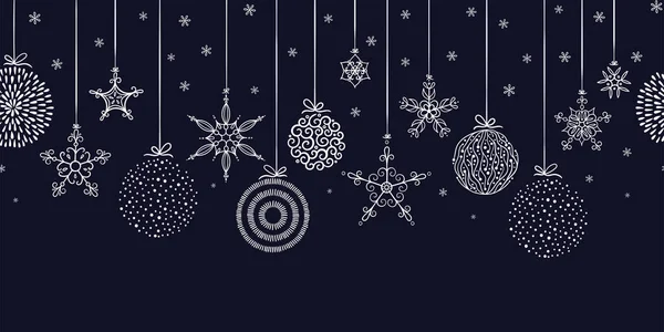 Padrão sem costura elegante com pendurado bolas de Natal e estrelas. Balões desenhados à mão e criativos - Ilustração vetorial . — Vetor de Stock