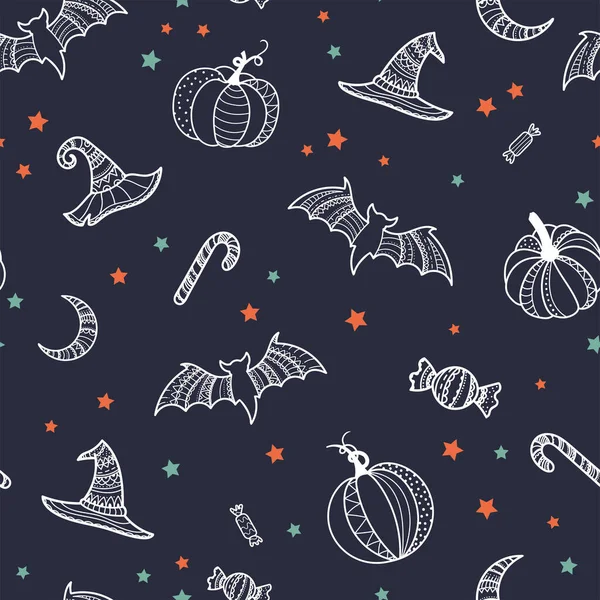 Motif créatif halloween sans couture, citrouilles dessinées à la main, chauves-souris, chapeaux de sorcières et bonbons, ornements détaillés, idéal pour les textiles, bannières, papiers peints, invitations ou enveloppements design de surface vectorielle . — Image vectorielle