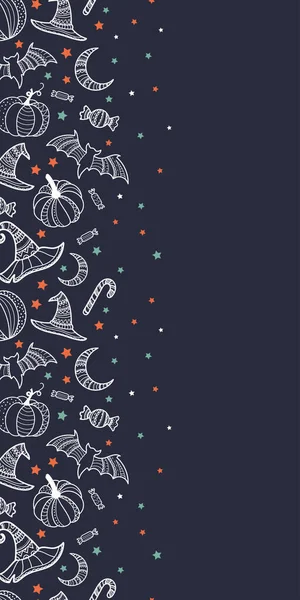 Creative halloween seamless pattern, hand drawn pumpkins, bats, witch hats and candy, detailed ornaments, great for textiles, banners, wallpapers, invitations or wrapping - vector surface design. — Stock Vector