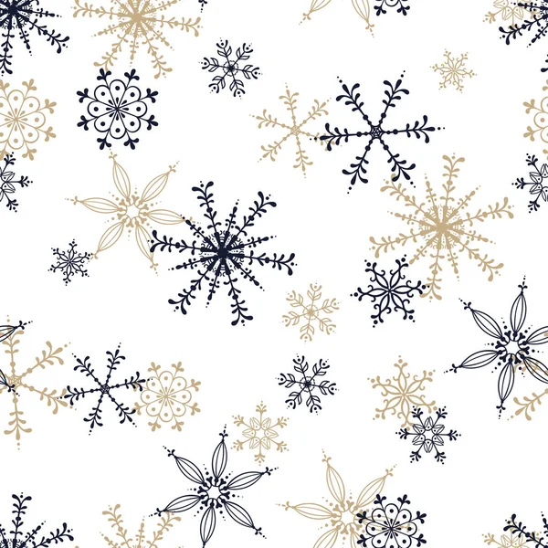 Διασκέδαση χέρι που νιφάδες χιονιού αδιάλειπτη μοτίβο - όμορφο εποχιακό φόντο Χριστουγέννων, μεγάλη για πανό, ταπετσαρίες, προσκλήσεις, κάρτες, χαρτί περιτυλίγματος - διανυσματική επιφάνεια σχεδιασμού — Διανυσματικό Αρχείο