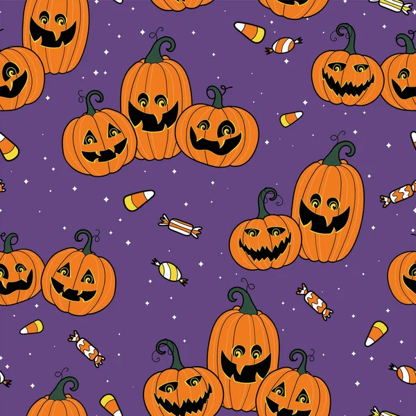 Niedliche und lustige Halloween-Kürbisse mit nahtlosem Muster, lächelnde Kürbisgesichter - ideal für Halloween-Tapeten, Banner, Drucke oder Party-Einladungen. — Stockvektor