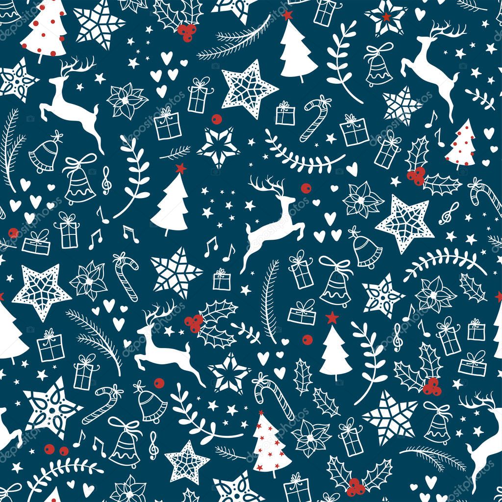 Beautiful christmas doodles seamless pattern - hand drawn and detailed, great for christmas textiles, banners, wrappers, wallpapers - vector surface design