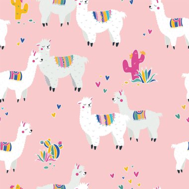 Eğlenceli ve sevimli alpaka dikişsiz desen, renkli arka planda çizgi film karakterleri, modaya uygun ve şık yenilikçi fon, moda baskıları, afişler, duvar kağıtları, tekstil - vektör yüzey tasarımı