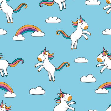 Mavi arka planda sevimli el çizimi tek boynuzlu atlar ve gökkuşağı tasarımı ile kusursuz desen. Tekstil, pankart ve duvar kağıtları için harika bir arka plan.