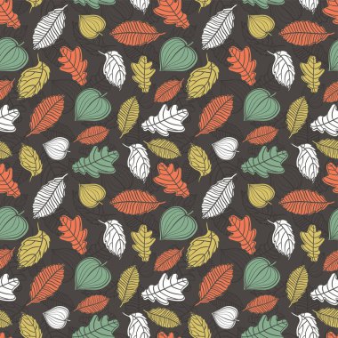 Düşen yapraklarla eğlenceli ve kusursuz desen, sonbahar arkaplanı, mevsimlik moda baskıları, duvar kağıtları, davetiyeler, afişler - vektör yüzey tasarımı