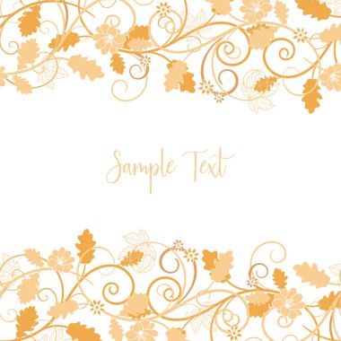 Yaprakları, çiçekleri ve hoş girdapları olan zarif ve güzel, yatay bir desen. Sonbahar arkaplanı. Sonbahar temalı afişler, duvar kağıtları, mevsimlik moda baskıları, davetiyeler - vektör