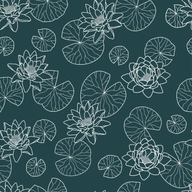 Su yapraklı zarif nilüferler, kusursuz desenler, romantik deniz mavisi arkaplanı, moda baskıları, tekstil, ambalaj kağıtları, duvar kağıtları, afişler - vektör yüzey tasarımı