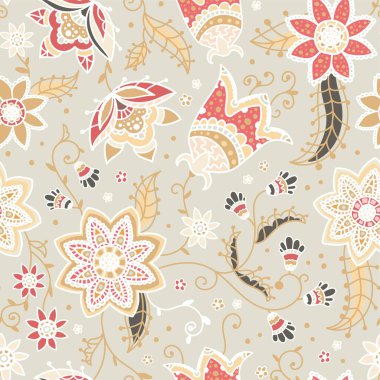 Soyut karalama çiçekleriyle yaratıcı çiçek desenleri, bej, kırmızı ve sarı doğal klasik arka plan - moda baskıları, tekstil, pankartlar, duvar kağıtları, vektör yüzey tasarımı için harika