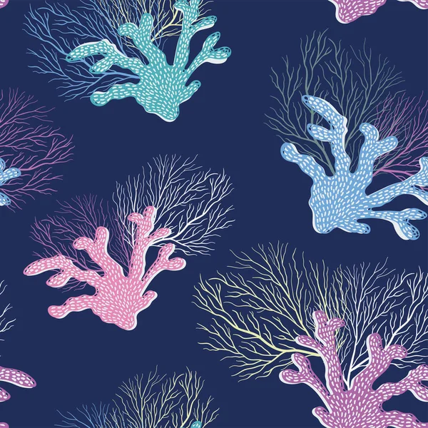 Színes szórakoztató korall zökkenőmentes minta, boldog neon víz alatti tengeri élet kagylók, korallok, tengeri csillag és csigák - nagy nyári szövetek, szezonális nyomatok, hátterek, bannerek, meghívók — Stock Vector