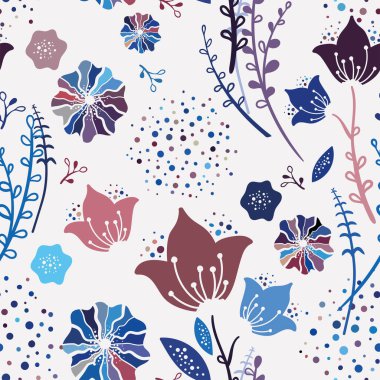 Childish burgundy blue flowers seamless pattern Background. Cute Drawn Bluebells, girly feminine, great for summer or spring textile print, wallpapers, banners, invitations, gift wrapping decorative