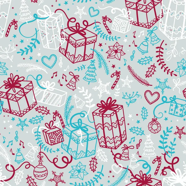 Noel hediyeleri ve süslemeleri olan eğlenceli ve zarif bir Noel deseni - el çizimi karalamalar - sarma, tekstil, arka plan - vektör yüzey tasarımı — Stok Vektör