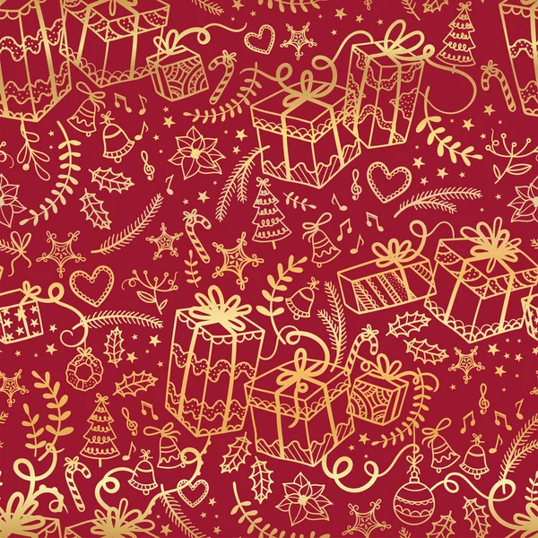Padrão sem costura de Natal divertido e elegante com presentes de Natal e decoração - rabiscos desenhados à mão - ótimo para embrulho, têxteis, pano de fundo - design de superfície vetorial — Vetor de Stock