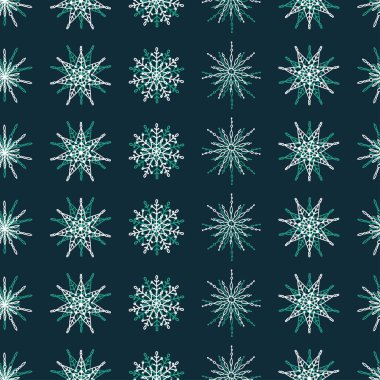 Güzel kar taneleri pürüzsüz desen - el çizimi, Noel veya Yeni Yıl temalı kumaşlar, afişler, ambalaj kağıtları, duvar kağıtları veya kartlar - vektör yüzey tasarımı -
